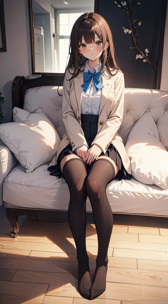 Top quality, masterpiece, High resolution, (Head to toe full body), front, frontやや下からの構図, Symmetric, Tall 18 year old girl, alone, (Head to toe), (Small breasts), Unkempt brown hair, bangs, (black tights), (Black Pantyhose), (Sit with your legs apart), (Crouching pose), (A composition showing white panties), (Her legs were spread、I see your white pants.), (I was made to sit on the floor with my legs spread..), (M-shaped legs), Thin legs, A very beautiful and tall 18 year old girl, (No shoes), blush, Shy big eyes, looking at the camera, Blazer Uniform, Checkered Pleated Skirt