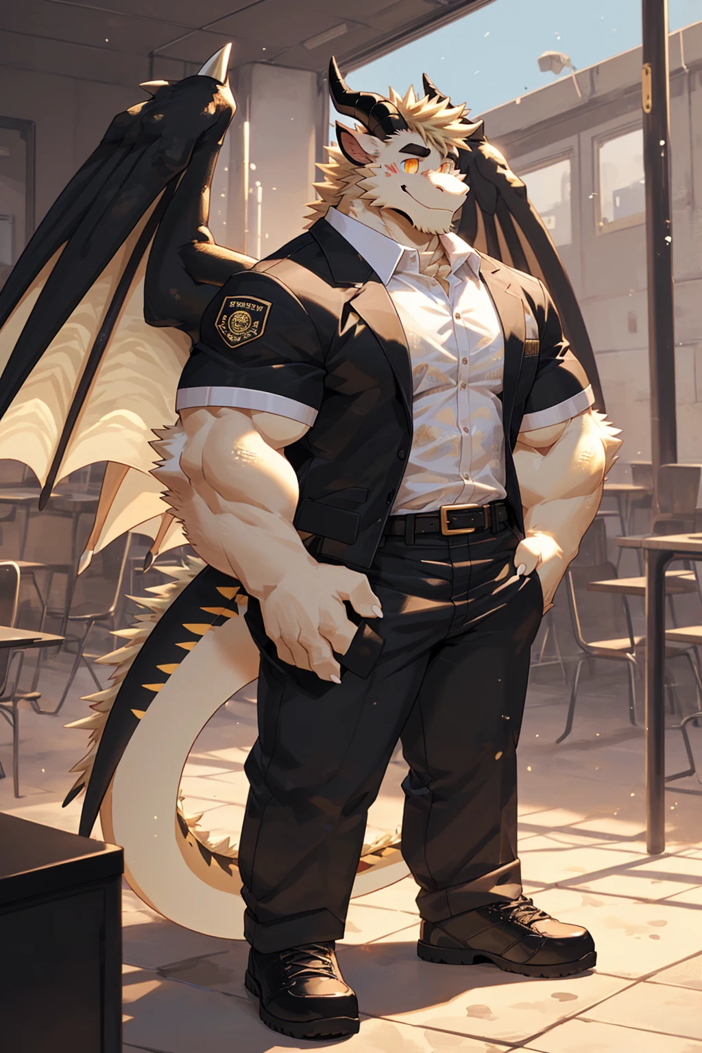 (sfw:1.5), male focus, security guard, Handsome 1boy, solitary,protrait photo, single, (Black eyebrows:1.4), (White nails, White Paws:1.4), (Light blond hair:1.5), (Black and gold dragon wings, Huge black and gold dragon wings:1.3), Black and gold skin, (Black and gold tail:1.4), (Black horn, Black curved corners:1.4), (Black body:1.4), (All black:1.4), (Pale blond chin, Pale golden neck:1.4), Pale golden chest, Light blond chest hair, (perfect golden eyes:1.4), (Black and gold scales:1.3), (Black Hands, Black Hands背, Black Hands指:1.4), (Black forehead, Black head:1.4),
Western Dragon, dragon, dragon boy, dragon body, feet, (big eyes, large eyes:1.4), (Chubby face, The body is huge, Larger face:1.3),
(Black short sleeve, White short-sleeved shirt, Black pants, Black short shoes, Black leather belt:1.4),
(full body:1.3), (Mature men:1.4), (Strong body, muscle,Strong male:1.3), (Thick arms:1.3), (Standing:1.4), (Looking at the audience, Focus, Eyes gaze:1.2), (Smile:1.4),
full background,ground, Blue sky, White Cloud, ground, School, School大门, security guard亭,
, Mysterious and romantic atmosphere, Caustic lines(refraction, polarization)Perfect anatomical structure, absurd, Detailed background, (Delicate eyes:1.3),Printing style。((artist:Takemoto Arashi))