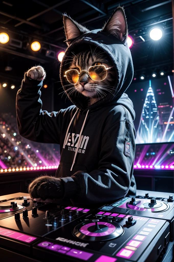 "Create an ultra-realistic 4K photo of a DJ cat. The cat is an animal with realistic fur texture, showing individual strands and slight color variations. It wears large, high-quality, over-ear headphones that appear cushioned and have a metallic sheen. The cat is dressed in a stylish hoodie with the hood up, made from a soft, fabric material, and with subtle, modern patterns. It also wears reflective, dark sunglasses that mirror the colorful lights around.
The setting is a vibrant DJ booth, featuring a high-tech mixing board with numerous buttons, knobs, and glowing indicators. Colorful LED lights illuminate the booth, creating a dynamic and lively atmosphere. The cat has a serious, focused expression, with its ears slightly forward and whiskers positioned attentively, as it expertly mixes music. Its paws rest confidently on the turntables, showing a natural grip.
In the background, there is a lively, blurred crowd enjoying the music. Some figures in the crowd hold their hands up, moving to the beat. The environment is filled with colorful lights and lasers cutting through the air, enhancing the energetic and festive mood. The overall image should be rich in detail, capturing the textures, lights, and atmosphere of a live DJ performance."