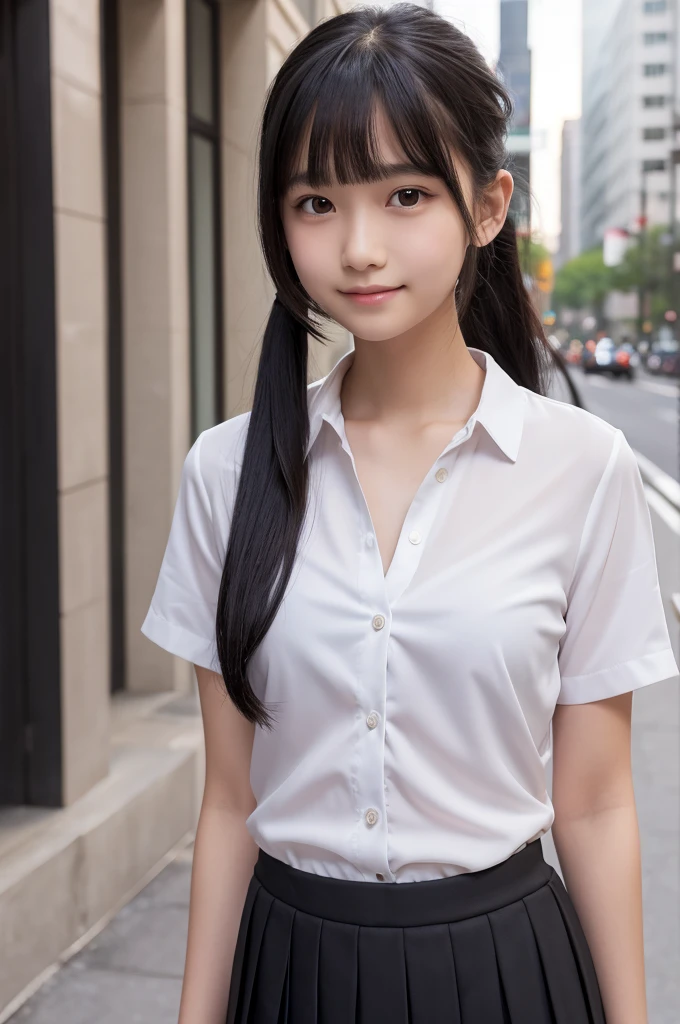 blouse,Pleated skirt,,middle Schoo Hair,bangs,Straight hair,ponytail,Dark Eyes,Small face,Young Face,Clean your eyes,Small Mouth,Showing teeth,thin,Young Face,,Flat Chest,Flat Chest,Flat Chest,Flat Chest,In the city,Realistic photos,8K,smile,White teeth,Ultra HD,Standing posture,whole body,Embarrassing,Pure girl,ponytail