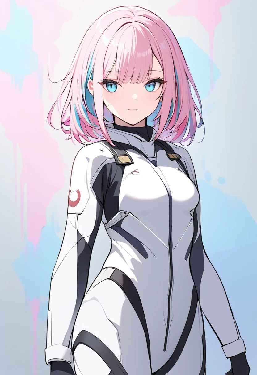 (masterpiece, top quality, very aesthetic, 4k、illustration), intricate detail, 1girl,Standing in front of a wall、(upper body)、light smile、(multicolored hair)、animated painting
Cute 、pink hair、,middle hair,sidelock ,,blue eyes、pilot suit、small breasts,Slim 、