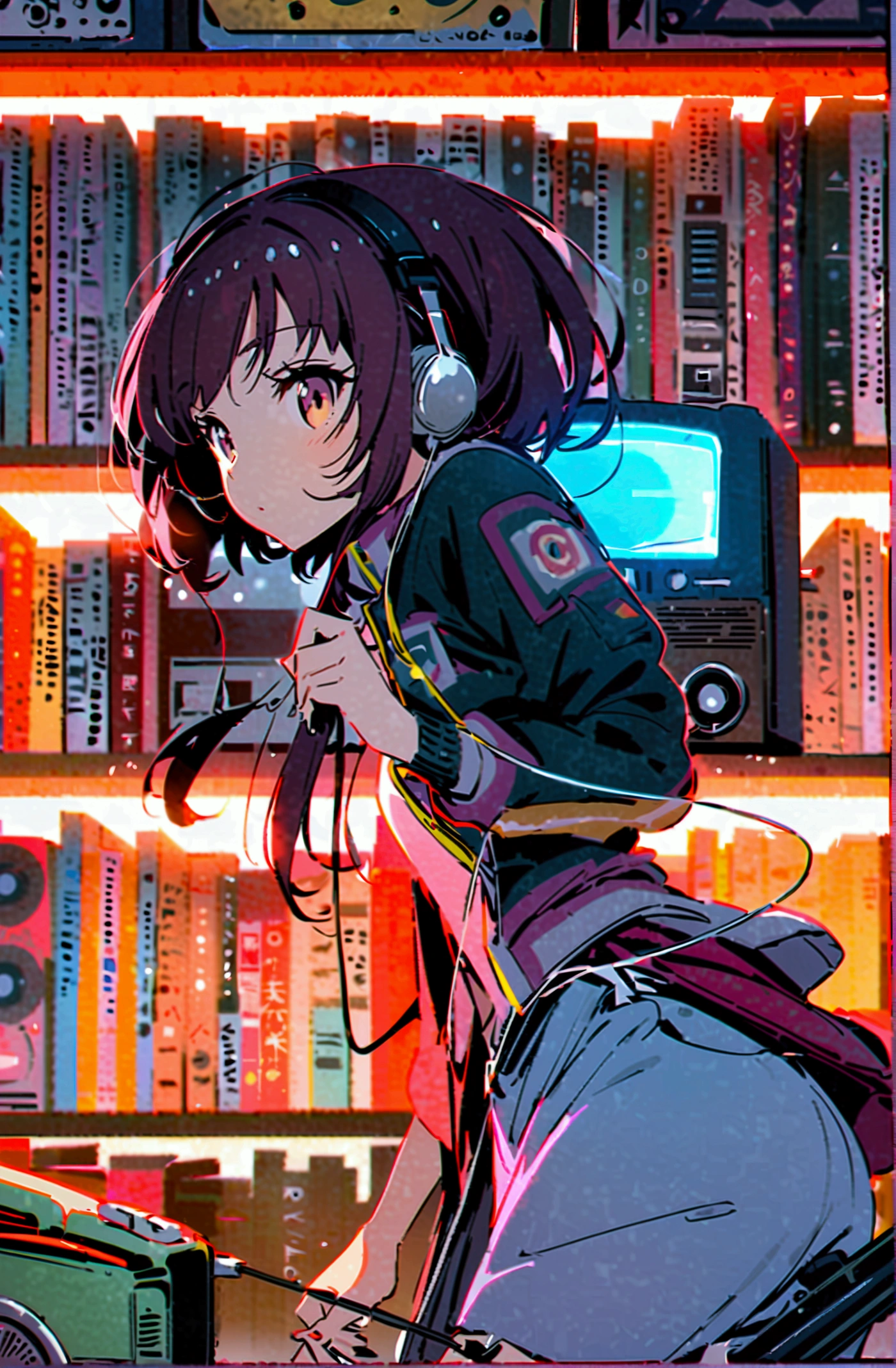 Anime-style painting of a woman listening to music through earphones plugged into an old radio, night, The background is a shelf of retro records,