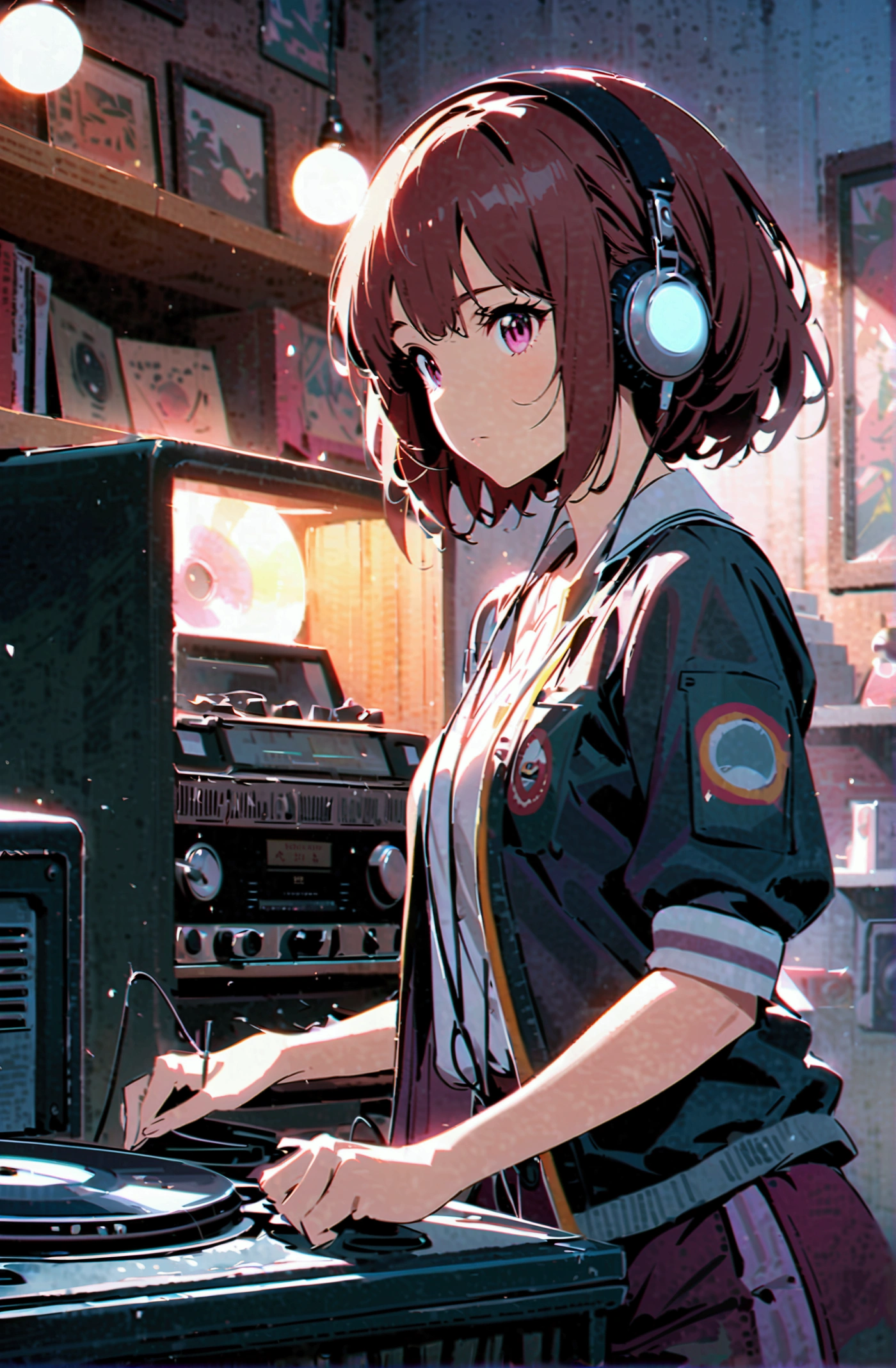 SLE, mksks style, best quality, masterpiece, detailed background, highly detailed, intricate, detailed face, long eyelashes, detailed eyes, 1girl, lofi girl, headphones, brown hair, hair up, studying, focussed, profile, sitting at a small table on a terrace, (a nuclear explosion in the distance), in a futuristic city, neon sign, highres, absurdres, extremely detailed, intricate, <lora:GoodHands-vanilla:1> <lora:CyanCapsule-LoCon-V2:1>