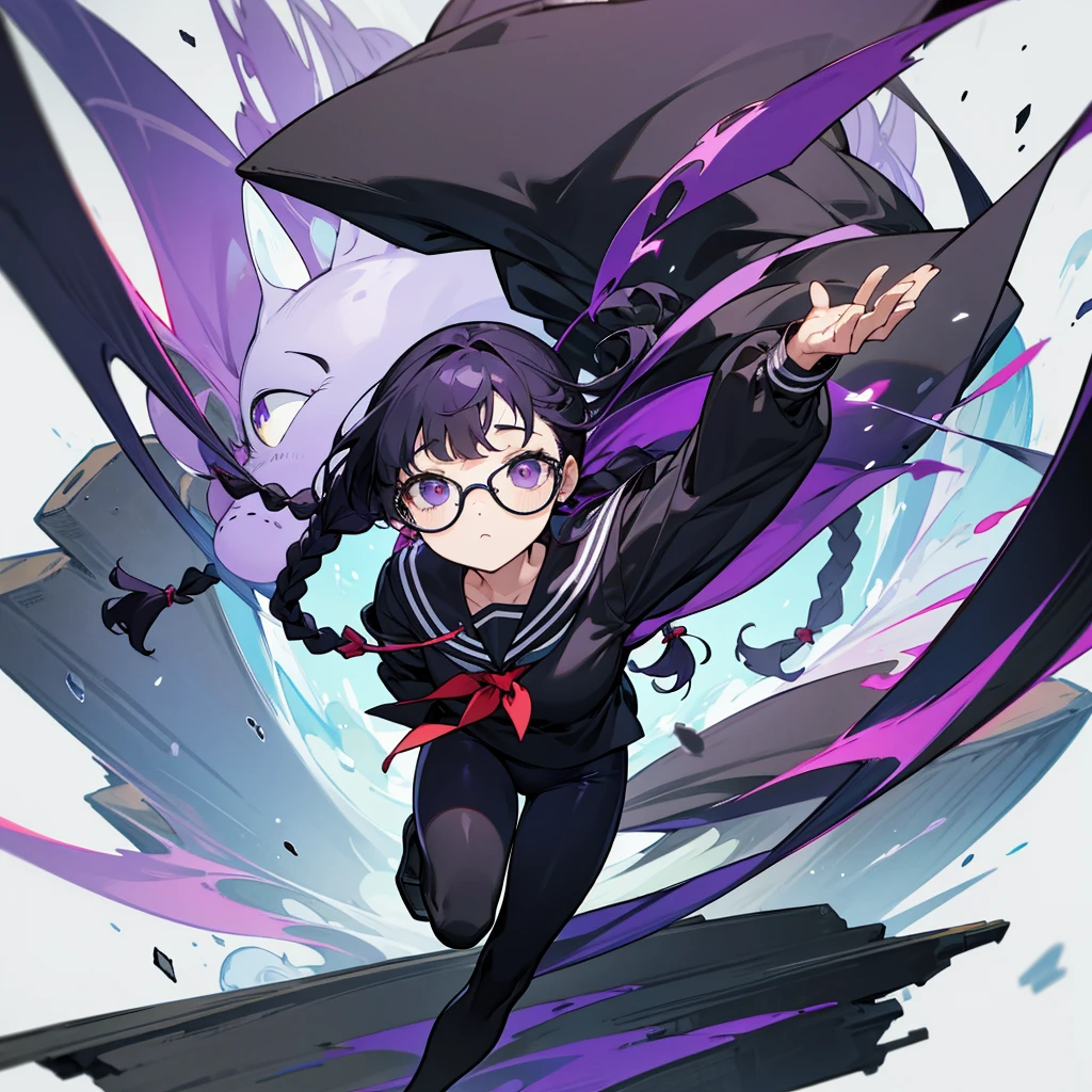high resolution、Fine skin、Glasses、Purple droopy eyes, black hair braids、Black Sailor Suit、tights、loafers