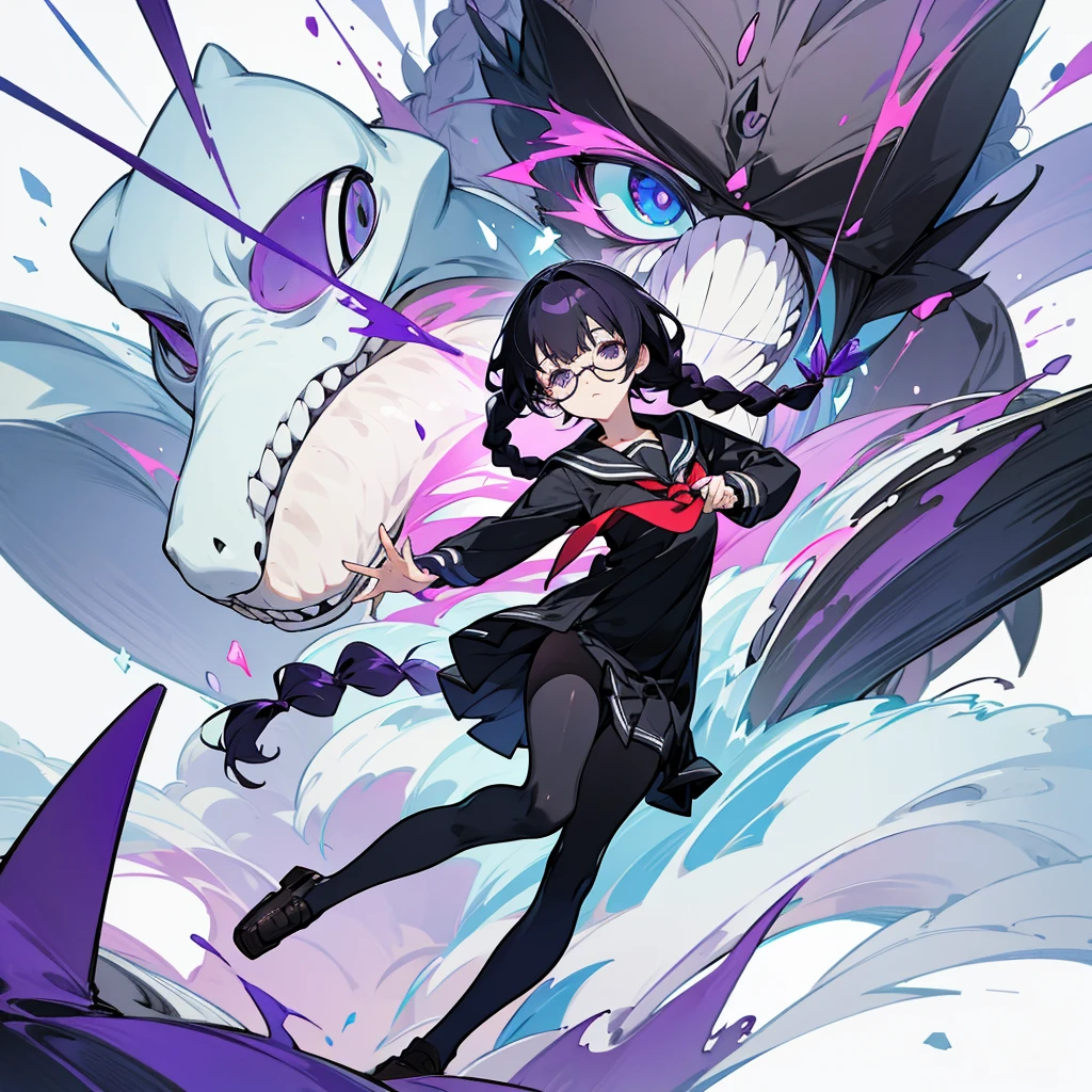 high resolution、Fine skin、Glasses、Purple droopy eyes, black hair braids、Black Sailor Suit、tights、loafers