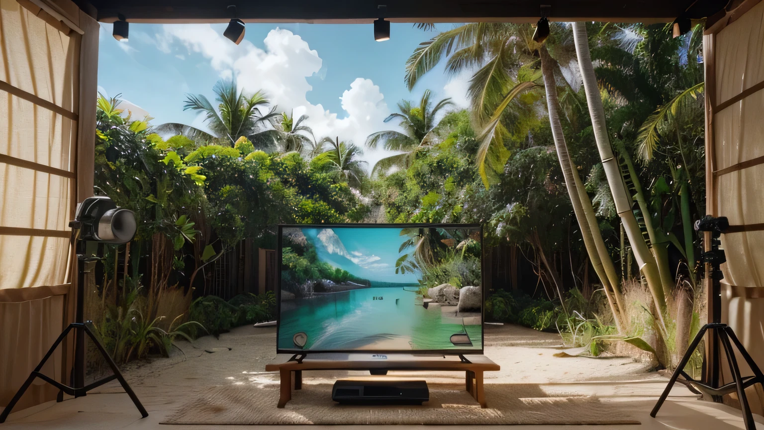 Construct an image of a 1960s-style television, front and center with a chroma key green screen, which covers the majority of the visual space. The television rests on a bamboo stand, blending naturally with the tropical environment in the background. This background should feature a serene beach scene with multiple palm trees and a calm sea under a bright sky. Aim for a photorealistic representation with the depth and precision typical of high-end photography, such as that seen in National Geographic, captured as if through a Hasselblad lens, with perfect, even lighting to enhance the realism and depth of the scene.