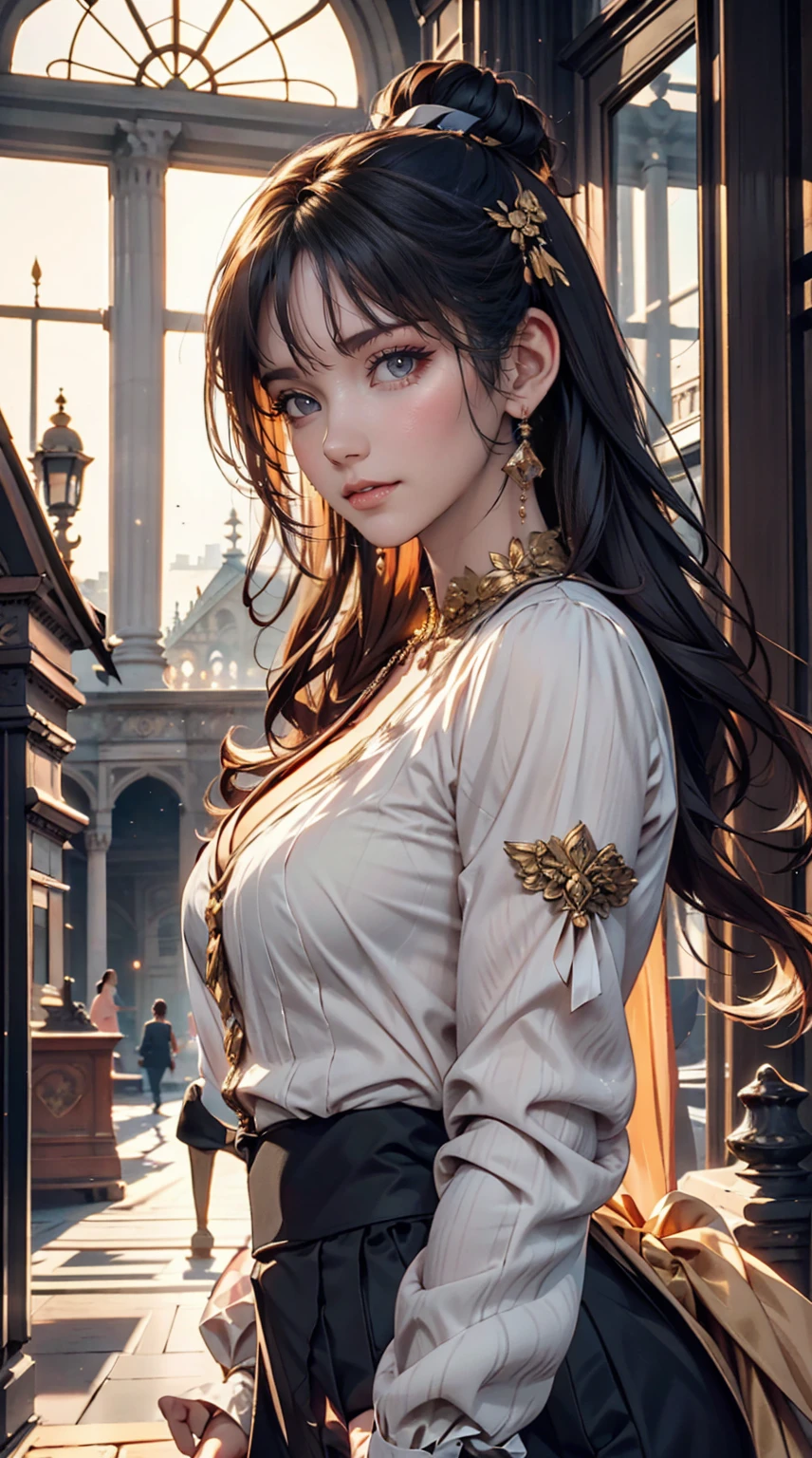 amazing, Spectacular panorama of the Louvre in Paris, Shining in the soft light, Golden colors of dusk. Iconic glass pyramid appears at the heart of the Cour Carrée, Reflecting the splendor of ancient palaces. The facade of the Louvre、It is adorned with intricate carvings and architectural intricacy that speak to its rich heritage.。. The scene is peaceful, Several visitors stroll through the courtyard, Breathing life into a timeless classic. The sky is a warm sunset color