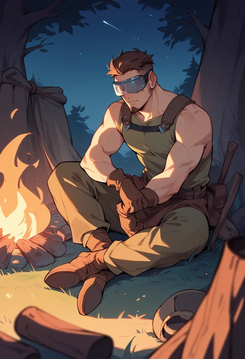 a man, sitting near a campfire, night, brown hair, shaved beard, wearing an engineer uniform, having visor goggles covering the eyes