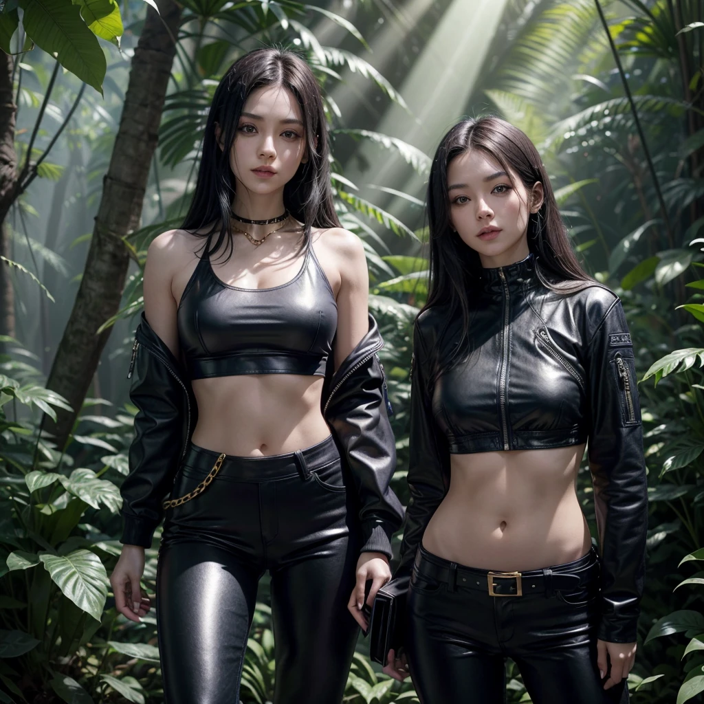 A beautiful alien woman, purple skin, 3' 10" tall, shoulder length black hair, wearing a black crop top under a blue and black leather jacket, bare midriff, black leather pants adorned with gold chains, wearing an alien pistol in a holster on her hip, holding a tablet computer, standing in a jungle, beams of sunlight shining through the canopy, 8k UHD, extremely detailed, well lit