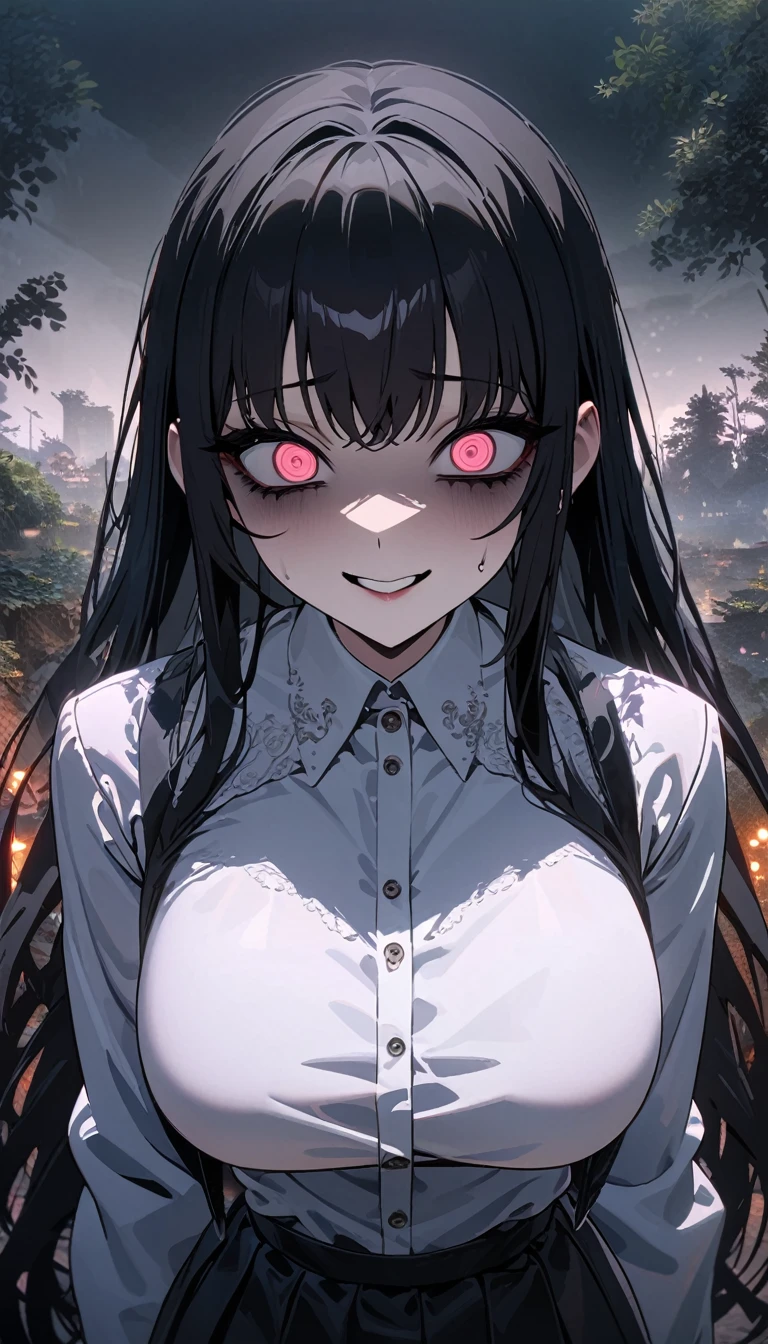 ((masterpiece, best quality)), very aesthetic, ultra detailed, intricate details, highly detailed, UHD, HDR, 8K, perfect face, Silhouette creepy highschool girl in part at night with glowing eyes, long eyelashes, (black eyeshadow), yameroyandere, constricted pupils, yandere, empty eyes, shaded face, crazy eyes, crazy smile, dark, very tired goth woman, beautiful, detailed lips, large breasts, night, atmosphere, detailed background, neat and clean, thin lines, vibrant environment background, (newest anime art style)