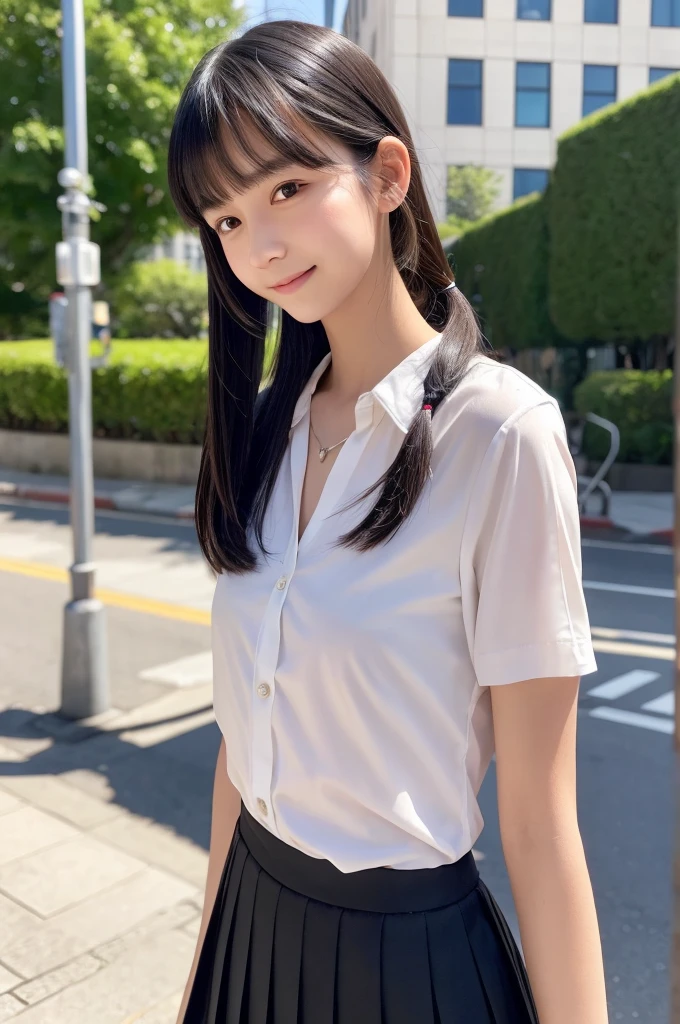 blouse,Pleated skirt,,middle School girls,Black Hair,bangs,Straight hair,ponytail,Dark Eyes,Small face,Young Face,Clean your eyes,Small Mouth,Showing teeth,thin,Young Face,,Flat Chest,Flat Chest,Flat Chest,Flat Chest,In the city,Realistic photos,8K,smile,White teeth,Ultra HD,Standing posture,whole body,Embarrassing,Pure girl,ponytail