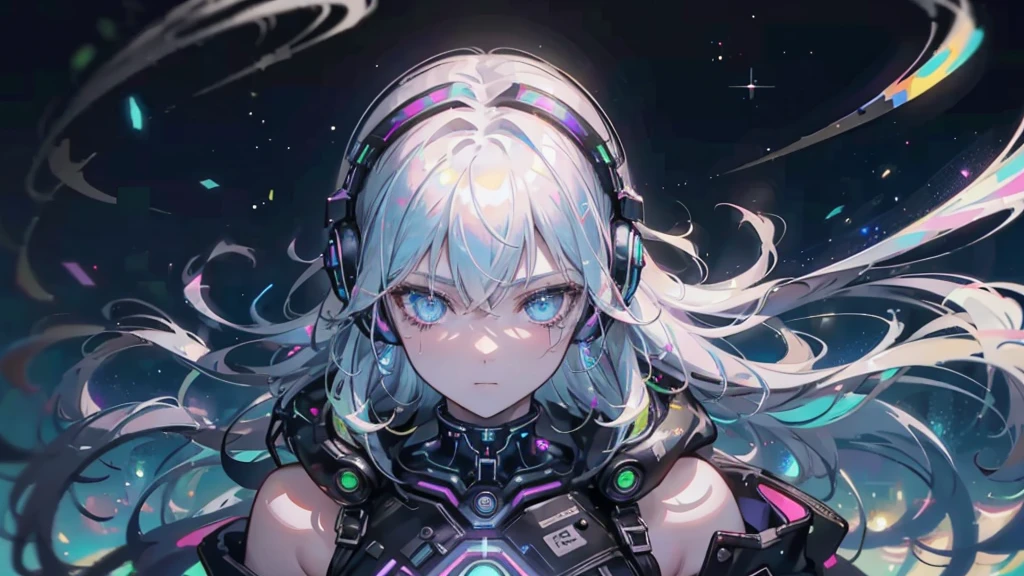 One boy, (Very beautiful), alone, Male Focus, cyber punk, neon lights, Vibrant colors, Headphones, cyber punk, neon, masterpiece, Highest quality, ultra-detaileded, cyber punk background, detailed, On a starry night, performer, moon, Explosive and clear eyes, Glowing Eyes, beautiful detaileds in the wind, A small smile. thinking and watching the moon, moving, Have fun, whole body, music