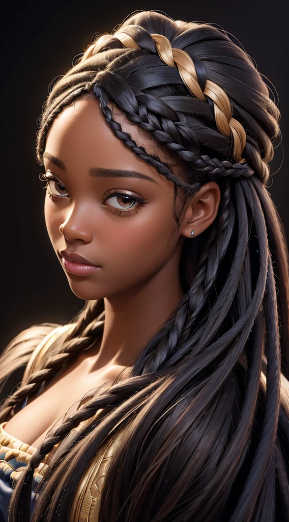 (best quality, masterpiece:1.2), realistic, detailed portrait of 1 black girl,braiding wig close up,realistic oil painting, vibrant colors, soft lighting, intricate brushstrokes, elegant pose, expressive eyes, flowing hair, delicate features.