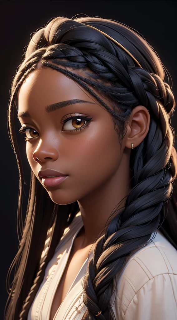 (best quality, masterpiece:1.2), realistic, detailed portrait of 1 black girl,braiding wig close up,realistic oil painting, vibrant colors, soft lighting, intricate brushstrokes, elegant pose, expressive eyes, flowing hair, delicate features.