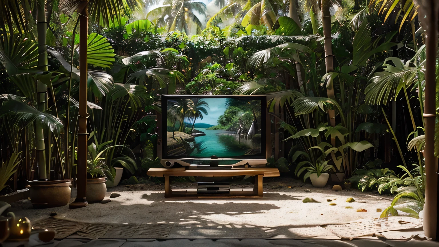 Construct an image of a 1960s-style television, front and center with a chroma key green screen, which covers the majority of the visual space. The television rests on a bamboo stand, blending naturally with the tropical environment in the background. This background should feature a serene beach scene with multiple palm trees and a calm sea under a bright sky. Aim for a photorealistic representation with the depth and precision typical of high-end photography, such as that seen in National Geographic, captured as if through a Hasselblad lens, with perfect, even lighting to enhance the realism and depth of the scene.