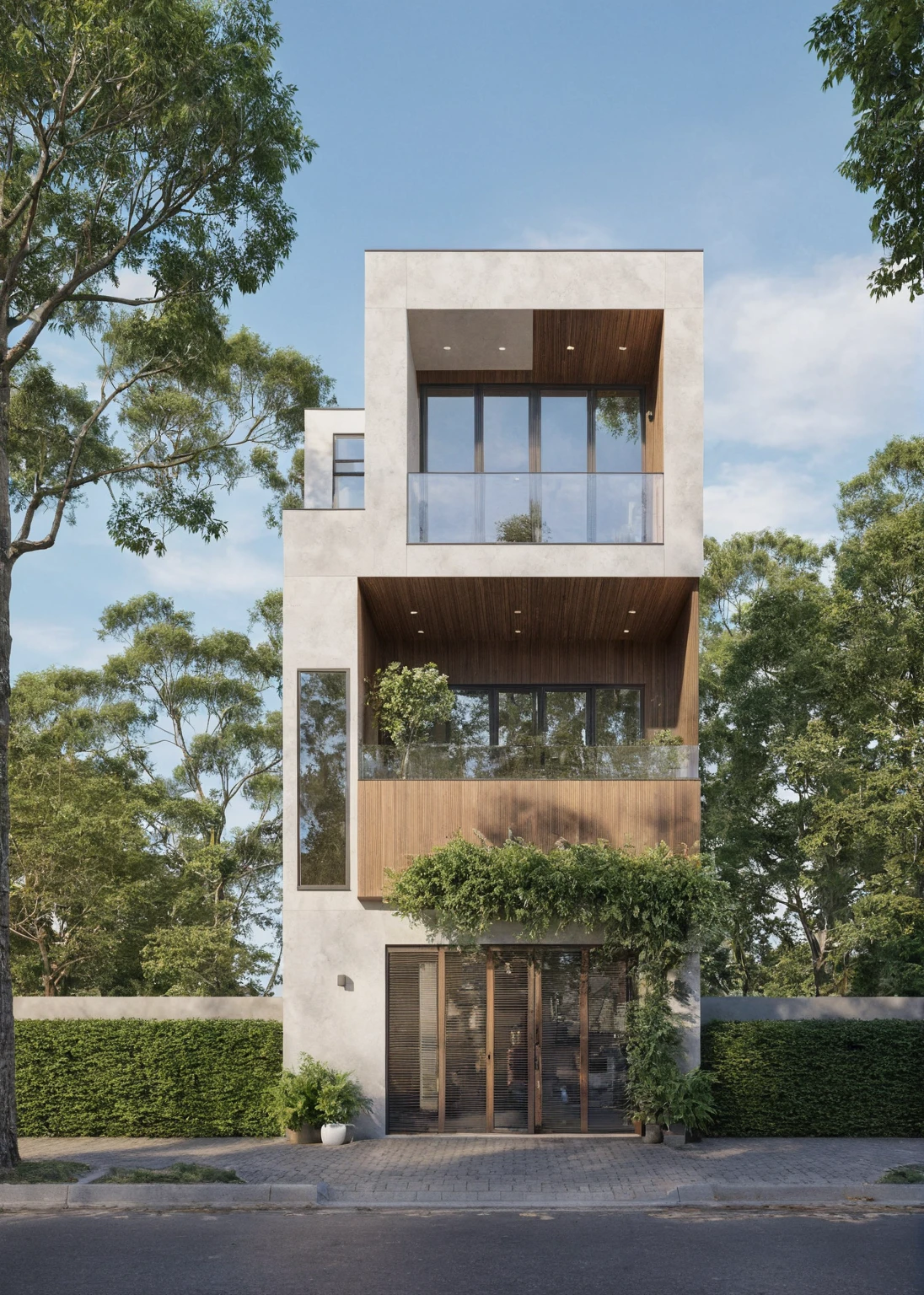 Photo brute,chef-d'artwork, high quality, best quality, authentique, Great detail,
Outside, en plein air, style de maison moderne dans la rue, glass windows, grille, plafond en bois,
route,pavement, des arbres, ciel, nuage, (day light:1.1)