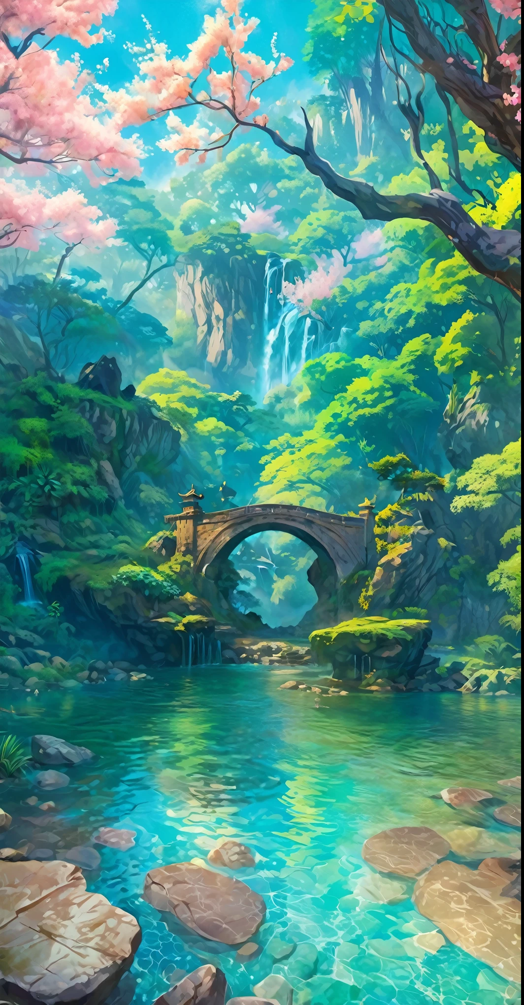 Chinese ancient times, spring, jungle, lake, cave, waterfall, tree, meadow, rock, deer, hot spring, water vapor, (illustration: 1.0), epic composition, realistic lighting, HD details, masterpiece, best quality, (very detailed CG unified 8k wallpaper), digital painting,  локация, локация из игры, большая локация, светящиеся эффекты на заднем плане, туман на первом плане с эффектами сияния, красочное, нет персонажей, без персонажей, только локация, милый стиль, аниме стиль,