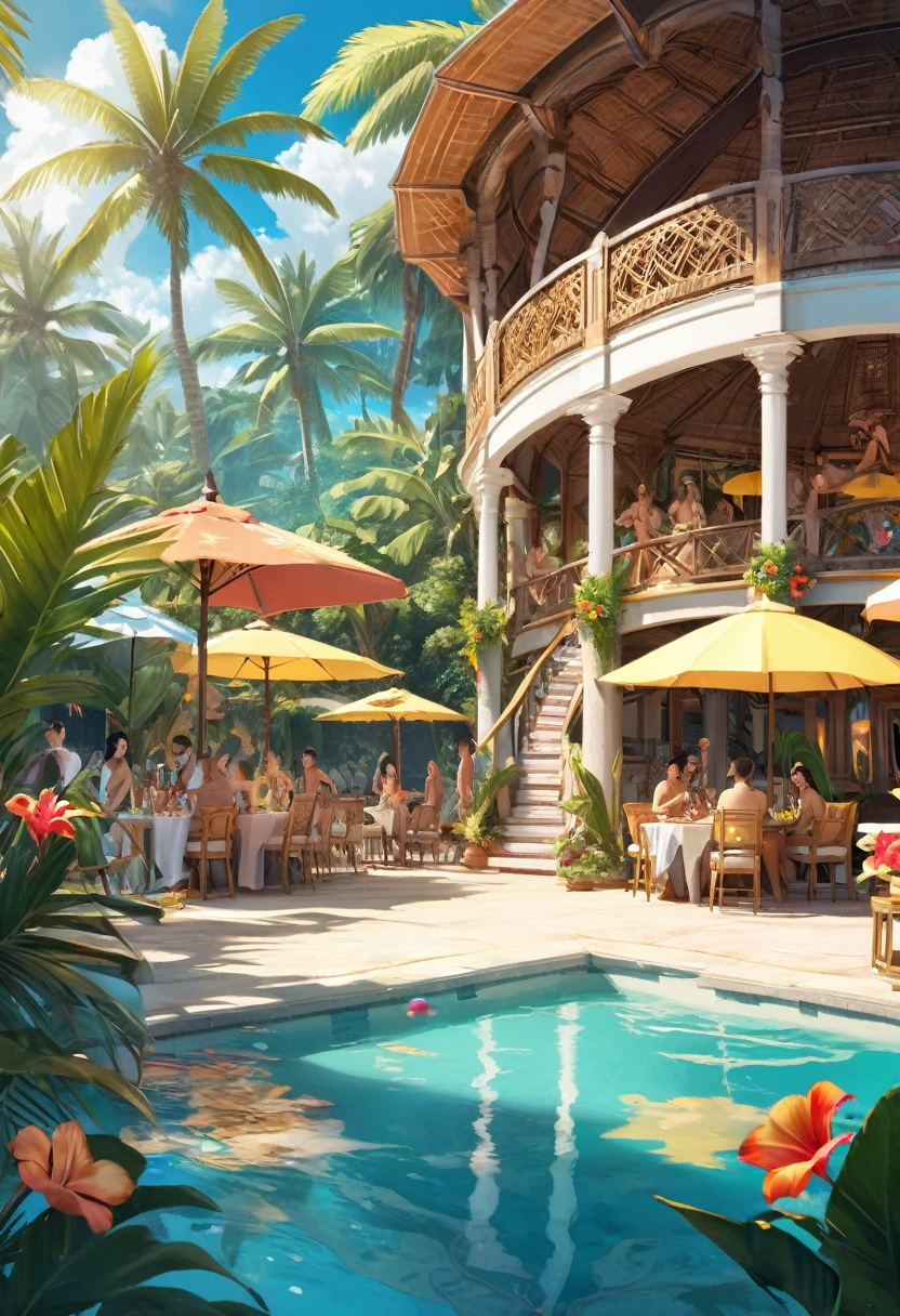 Half-length foreground of an attractive woman holding a cocktail glass(close up), There is a pool party scene in the background, there is a pavilion, a poolside seating area, sun umbrellas, sparkling pool tropical flowers, a group of happy handsome guys and beauties celebrating friendship, a pool  scene., masterpiece, Intricately detailed exotic tropical island scenery movie scene tropical paradise    ( Correct and perfect anatomy ) Super detailed，complicated，Film perspective，The use of light and shadow in CG art is bright, High-quality animation style presentation
