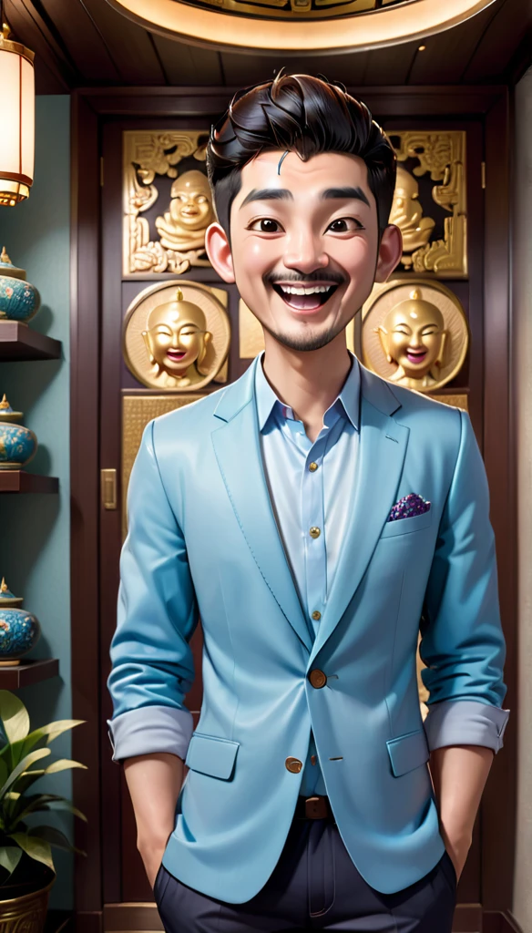 ”Create a fully realistic 4D cartoon character with a big head, 28-year-old Asian man with a happy and cheerful face. His mouth opened wide. He has a bald head with wavy hair on the sides, large ears, bushy eyebrows, and a distinctive mustache. He wears a light blue blazer over a white shirt. Illustration: The scene is in the amulet room. There is a Buddha statue. The illustration should emphasize a wide smile. His happy and friendly demeanor.”