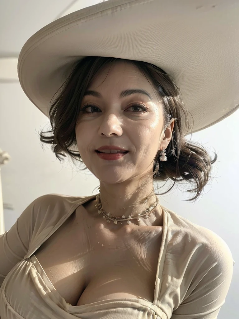 (low angle : 1.5), (masterpiece:1.4),  (looking down at viewer : 1.3), (60-year-old woman:1.5),(Facial wrinkles:1.2),Captivating smile, (wavy hair : 1.1), (white elegant dress), (big black hat :1), beautiful mature woman, realistic detailed skin, tall, plump body, enormous saggy breasts, detailed background, old western house