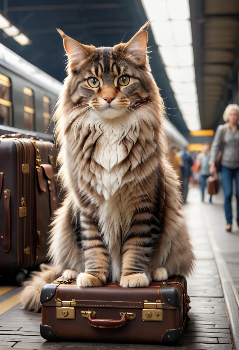 In the natural light shining on the train station platform, a majestic Maine Coon cat sits next to a dark brown suitcase, surrounded by busy passengers and trains coming and going. The 8K UHD image is rendered in RAW format, boasting incredible photorealism, with every feather and whisker meticulously detailed, feather textures subtly nuanced, and eyes full of piercing curiosity. Everything is combined with a rich color palette of natural tones, grays and warm browns, evoking a cinematic atmosphere full of busyness and mystery.