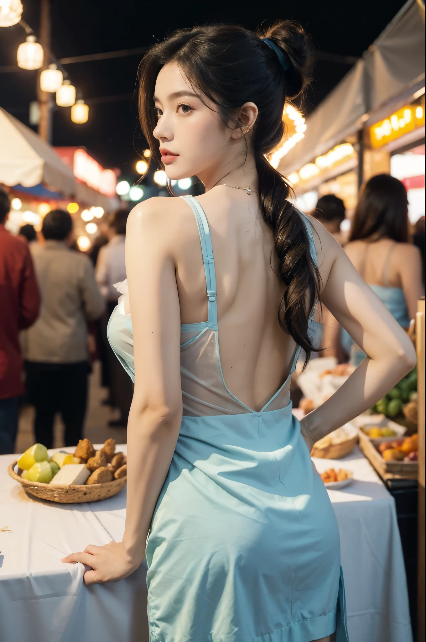 (((best quality))),(((ultra detailed))),(((masterpiece))),illustration,((1 beautiful girl,solo)),(short ponytail:1.2),(sheer apron:1.2),((bare shoulder,bare arms)),((slim,thin)),((bare back,towering hips,butt crack)),shopping, market, meat, bustling,early morning,bright eyes, flushed face, lively appearance, energetic, vendors, calls, wares, plastic sheets, spices, haggling, examining, cuts, beef, stall, butcher paper, scale, kaleidoscope, colors, sounds, fruits, vegetables, animated, talking, joking, background, food stall, breakfast rolls, vendor, steaming, fresh bread, butter, early hour, energy, chatting, vibrant, chaotic, community,((night scene,outdoor)),(surrounded by crowded crowds:1.3),((from back,upper body))