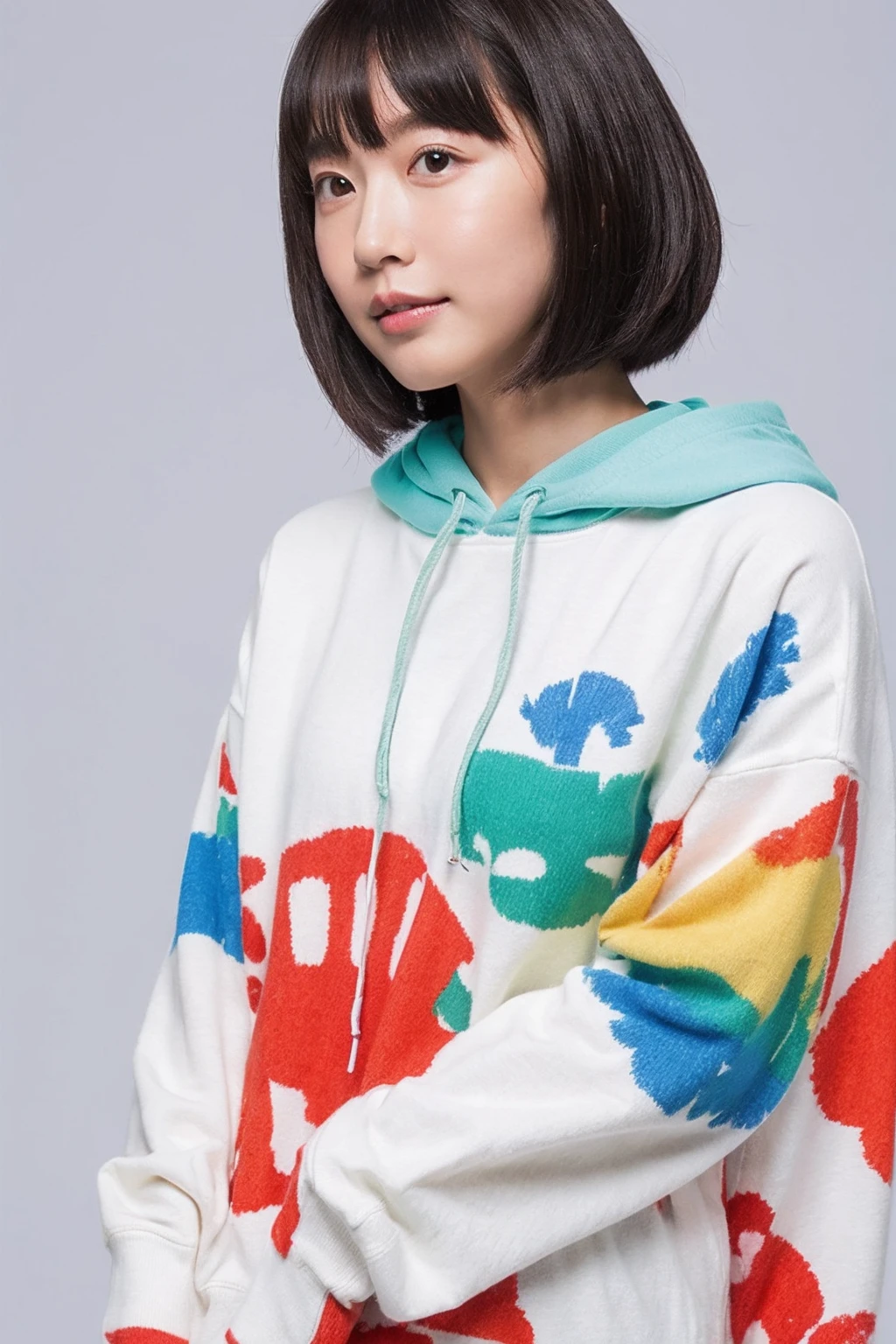(Highest quality, 8K, 32k, masterpiece, Ultra-high resolution:1.2),Beautiful Japanese Women Photos, Rainbow clothes、Rainbow hoodie、Large Breasts, Very short bob hair,Gray Hair, Simple Background, From above, View your viewers,White Hair、White background、Colorful clothing、whole body、whole bodyのポートレート、piece