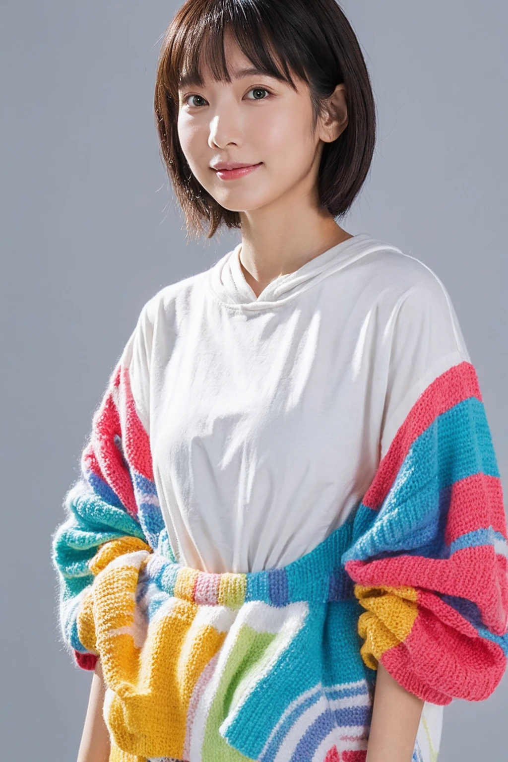 (Highest quality, 8K, 32k, masterpiece, Ultra-high resolution:1.2),Beautiful Japanese Women Photos, Rainbow clothes、Rainbow hoodie、Large Breasts, Very short bob hair,Gray Hair, Simple Background, From above, View your viewers,White Hair、White background、Colorful clothing、whole body、whole bodyのポートレート、piece