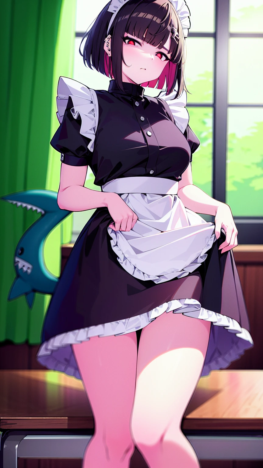 score_9,score_8_up,score_7_up, Gwendolyn_Tennyson,1girl,solo,indoors,depth of field, shocked , blushing, on a date, beautiful, nude, full body, sexy maid outfit, standing in the kitchen. Here is a detailed description:
The Woman:
She is wearing a black, see-through babydoll dress with white lace trims.
The dress has a deep neckline, which is finished with white lace and a tie at the front.
There is a small white satin apron on the dress.
She is wearing black, open-toe high heels.
Posing:
She is standing in the kitchen, leaning slightly against the kitchen counter with her hands raised along her body.
One hand rests on the counter next to the sink, the other is loosely raised.