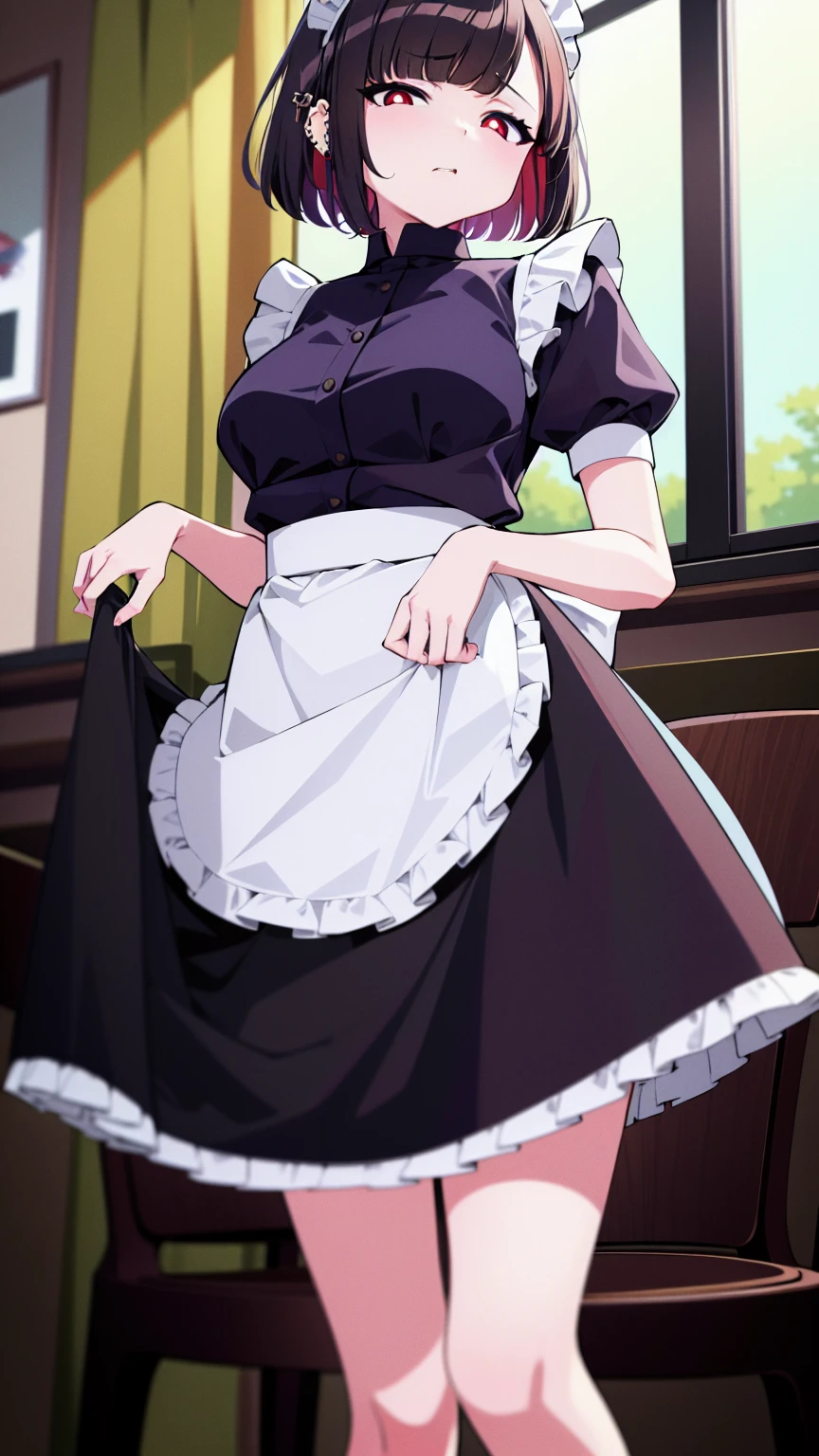 (cowboy shot),(ultra-high resolution, depth of field:1.2),Zenless Zone Zero,(Elen Joe:1.1),1woman,mature,black hair,short hair,inner color hair,(red eyes),medium breasts,crossed arms,maid dress,shark tail,maid apron,maid headdress,piercing,short sleeves,in classroom,sitting,sit in a chair,(((skirt lift,skirt hold)))