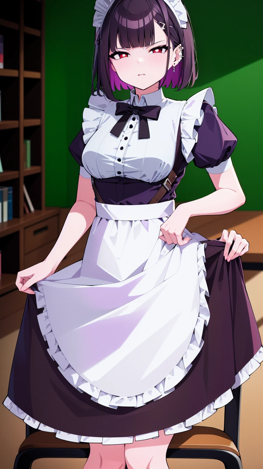 (cowboy shot),(ultra-high resolution, depth of field:1.2),Zenless Zone Zero,(Elen Joe:1.1),1woman,mature,black hair,short hair,inner color hair,(red eyes),medium breasts,crossed arms,maid dress,shark tail,maid apron,maid headdress,piercing,short sleeves,in classroom,sitting,sit in a chair,(((skirt lift,skirt hold)))