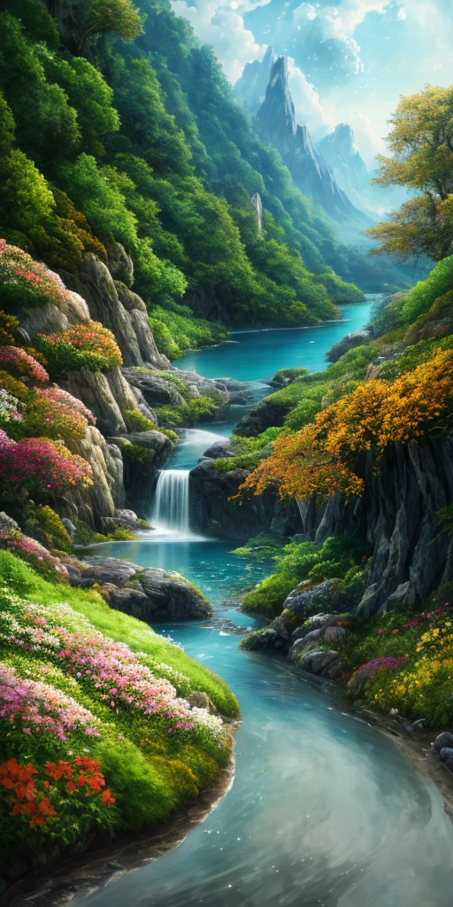 masterpiece, 最high quality, high quality, Very detailed Cg Unity 8K wallpaper, landscape, outside,Fleur, cloud, Tag, no one〜do not have, Mont, landscape, water, wood, Yuki, cascade, Cliff, nature, lake, river, slice,Award-winning photo, Bokeh, Depth of written boundary, High resolution, Floral, Color Difference ,Photorealistic,Very detailed, artステーションのトレンド, Trends of C Consil, Complex, High detail, dramatic, art:Mid Journey