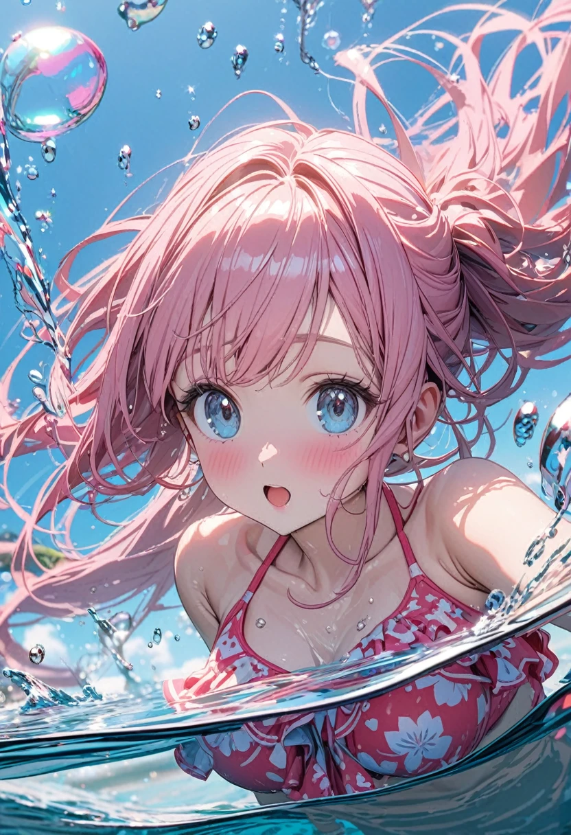 ((water breath)), ((splash)), wideshot(Vigorous attack action:1.5).wideshot,seen from the side.fullbody ,
in precure style,(((Masterpiece))) (1 girl)((Pink hair, Long hair,Straight hair,two side up)) (Green eyes),eyeshadows, eyelines,Glow Eyes, Hyper-Detailed Eyes, intricate eyes, Beautiful eyes, ((Glowing pink pupils))18 years old girls.Water breathing、kick.high-heels(black backgrounds:2)Water Magic Circle、water magic、Manipulating water
, a picture of anime style fantasy figure in pink uniform splashes through the ocean, 1girl, long hair, pink hair, solo, breasts, water, pink one-piece swimsuit, open mouth, swimsuit, wading, blue eyes, ahoge, cleavage, a woman in a pink dress on the top of a wave with a sword in her hand, 1girl, long hair, solo, pink hair, swimsuit, pink one-piece swimsuit, breasts, blue eyes, water, open mouth, one-piece swimsuit, ahoge, very long hair, small breasts, wading