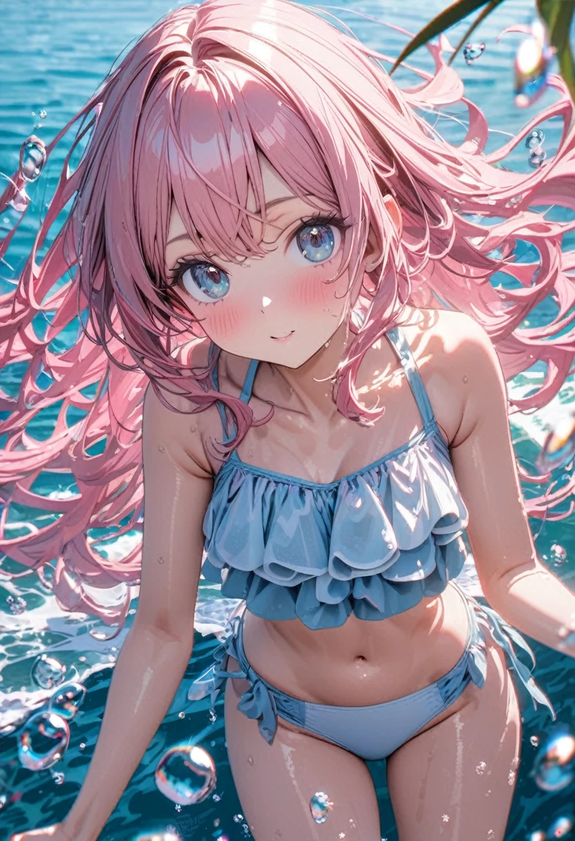 Super detailed, 8K,  Water in a glass, bubble, Right blue water, nice, bright,pretty girl,In the water,Swimwear,Pink Hair,ピンクのSwimwear