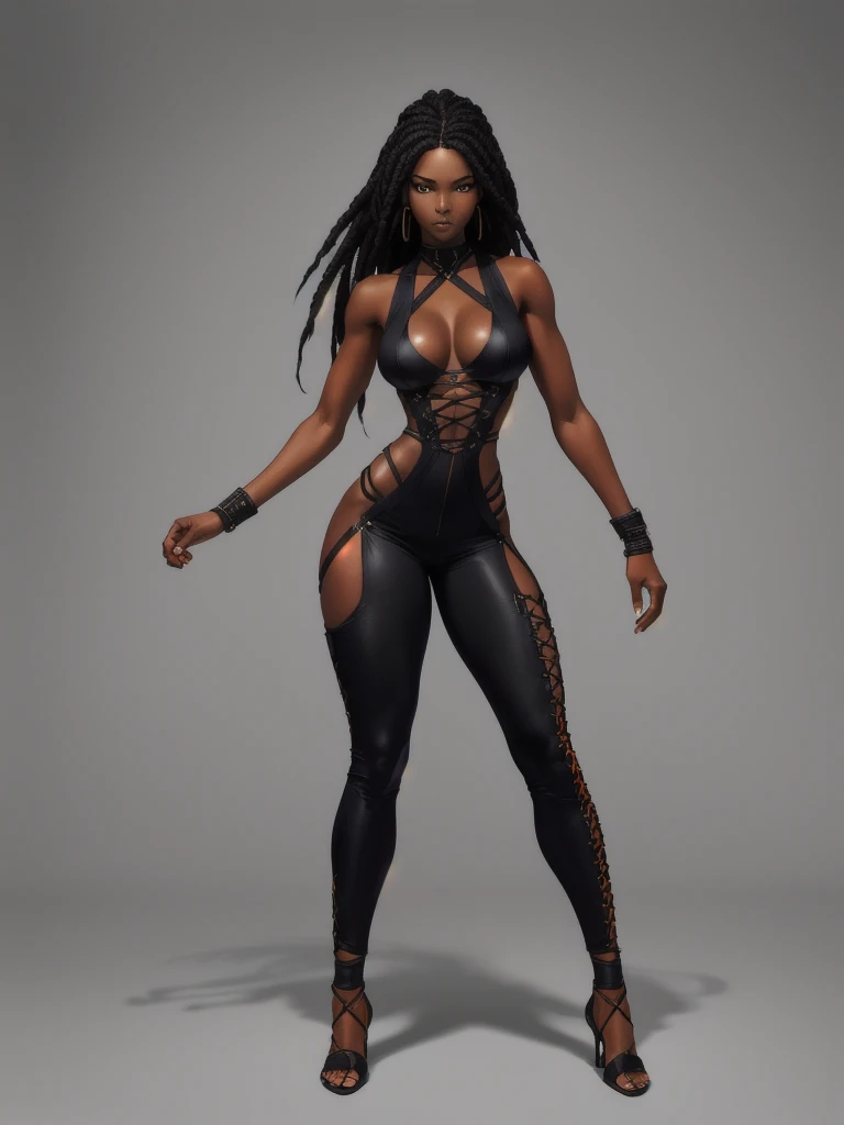 ((best quality)), ((4k)), ((highres)), ((masterpiece:1.2)). ((detailed)), ((ultra realistic)), ((intricate details)), ((full body picture)), ((solo character)), a full body picture of a beautifull Ebony skinned female, black woman, dark skin, ebony princess, ebony model, perfect face, detailed eyes, detailed lips, about 25 years old, about 5'7 ft. tall, long thin black dreadlocks down to her hips, ((emphasis on her long thin black dreadlocks down to her hips)), pretty, feminine woman, toned body but not too muscular looking, hourglass figure, dressed in a skin-tight sleeveless full body orange jumpsuit, ((emphasis on the skin-tight sleeveless full body orange jumpsuit)), gold adornments, showing cleavage, glamorous, strappy lace up high, fighting game character concept art, tekken character design, the king of fighters character concept, full bofy, full body concept art, full body art