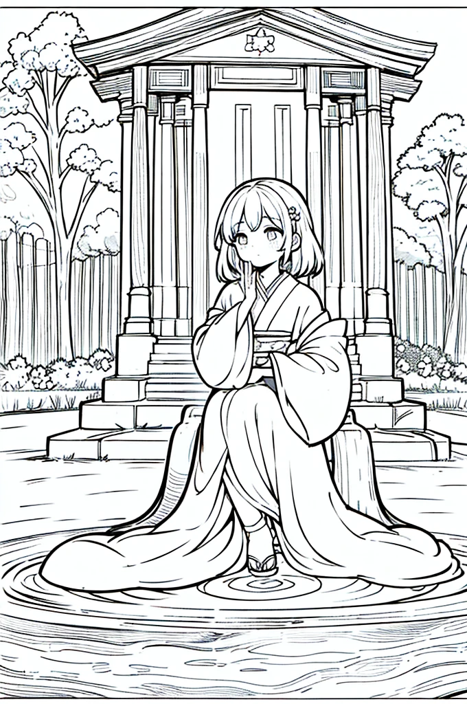 As a coloring book, the color should be black and white, the border should be simple, clear, and bold. A thoughtful Asian girl with a contemplative expression is sitting peacefully in the tranquil [Hiroshima Peace Memorial Park]. She is wearing a serene [kimono with dove pattern], the soft colors reflecting the somber atmosphere of the park. The girl's hands are folded in a gesture of respect, and her hair is adorned with a simple [hair ornament]. The park's iconic Peace Memorial Arch serves as a backdrop, adding a poignant touch to the illustration.