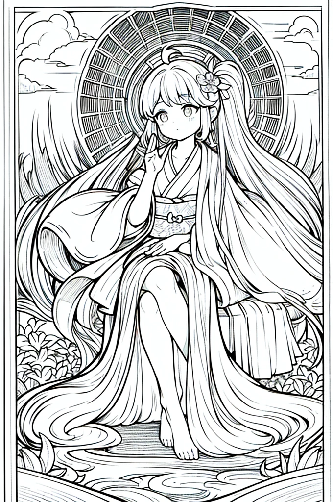 As a coloring book, the color should be black and white, the border should be simple, clear, and bold. A thoughtful Asian girl with a contemplative expression is sitting peacefully in the tranquil [Hiroshima Peace Memorial Park]. She is wearing a serene [kimono with dove pattern], the soft colors reflecting the somber atmosphere of the park. The girl's hands are folded in a gesture of respect, and her hair is adorned with a simple [hair ornament]. The park's iconic Peace Memorial Arch serves as a backdrop, adding a poignant touch to the illustration.