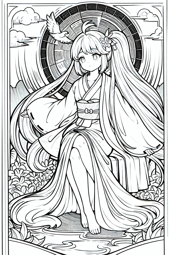 As a coloring book, the color should be black and white, the border should be simple, clear, and bold. A thoughtful Asian girl with a contemplative expression is sitting peacefully in the tranquil [Hiroshima Peace Memorial Park]. She is wearing a serene [kimono with dove pattern], the soft colors reflecting the somber atmosphere of the park. The girl's hands are folded in a gesture of respect, and her hair is adorned with a simple [hair ornament]. The park's iconic Peace Memorial Arch serves as a backdrop, adding a poignant touch to the illustration.