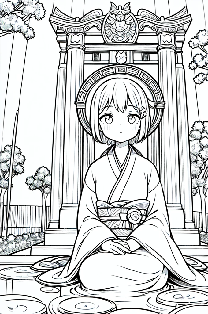 As a coloring book, the color should be black and white, the border should be simple, clear, and bold. A thoughtful Asian girl with a contemplative expression is sitting peacefully in the tranquil [Hiroshima Peace Memorial Park]. She is wearing a serene [kimono with dove pattern], the soft colors reflecting the somber atmosphere of the park. The girl's hands are folded in a gesture of respect, and her hair is adorned with a simple [hair ornament]. The park's iconic Peace Memorial Arch serves as a backdrop, adding a poignant touch to the illustration.