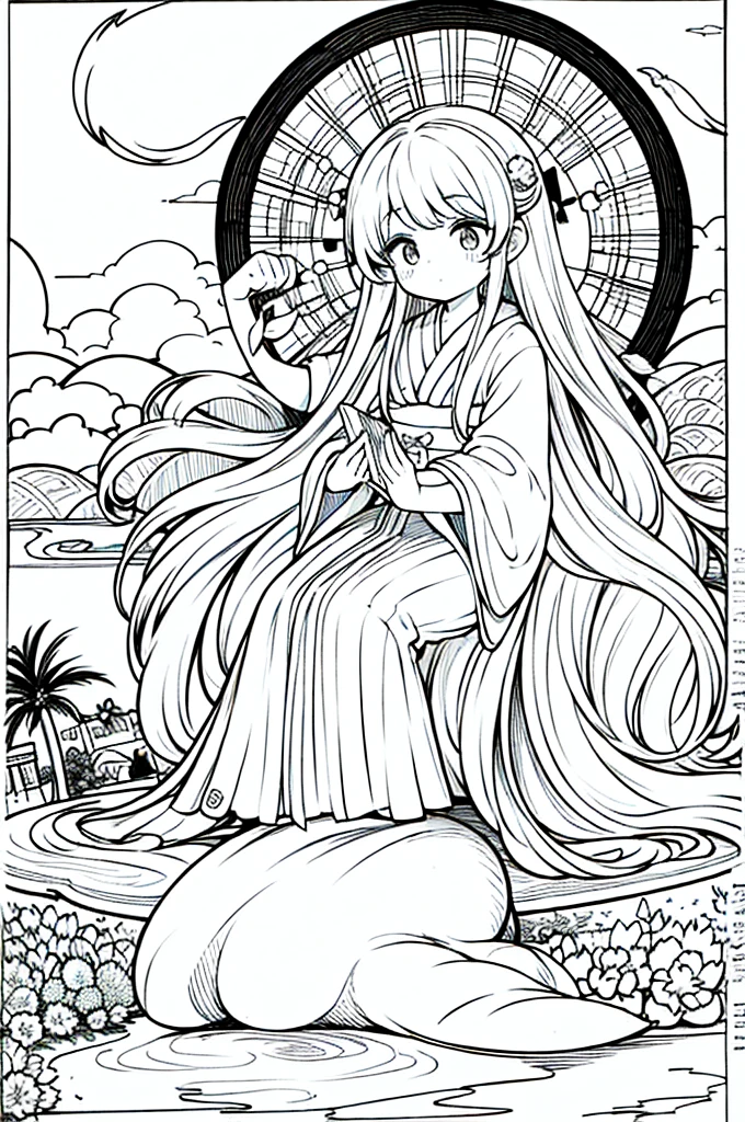 As a coloring book, the color should be black and white, the border should be simple, clear, and bold. A thoughtful Asian girl with a contemplative expression is sitting peacefully in the tranquil [Hiroshima Peace Memorial Park]. She is wearing a serene [kimono with dove pattern], the soft colors reflecting the somber atmosphere of the park. The girl's hands are folded in a gesture of respect, and her hair is adorned with a simple [hair ornament]. The park's iconic Peace Memorial Arch serves as a backdrop, adding a poignant touch to the illustration.