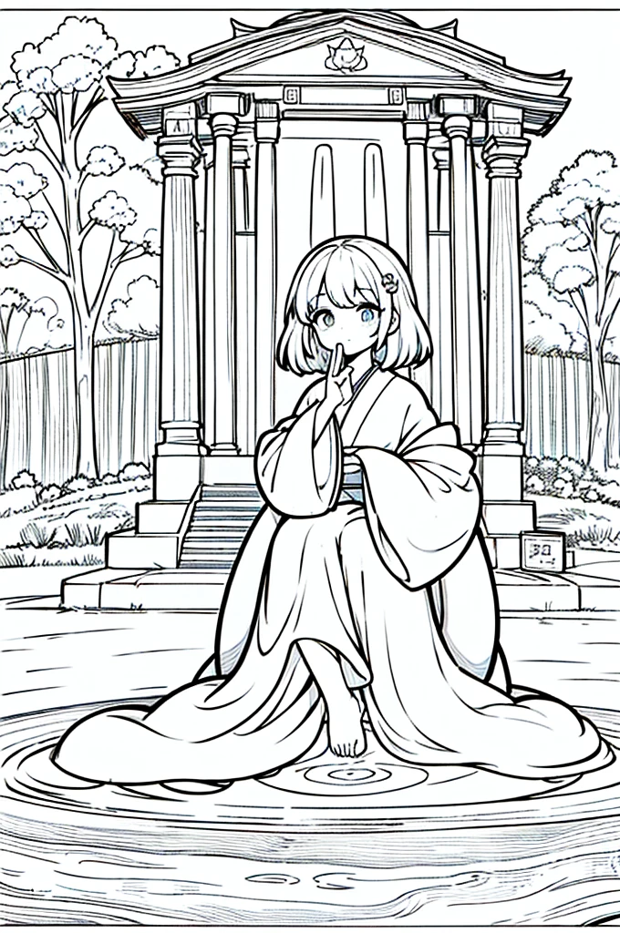 As a coloring book, the color should be black and white, the border should be simple, clear, and bold. A thoughtful Asian girl with a contemplative expression is sitting peacefully in the tranquil [Hiroshima Peace Memorial Park]. She is wearing a serene [kimono with dove pattern], the soft colors reflecting the somber atmosphere of the park. The girl's hands are folded in a gesture of respect, and her hair is adorned with a simple [hair ornament]. The park's iconic Peace Memorial Arch serves as a backdrop, adding a poignant touch to the illustration.