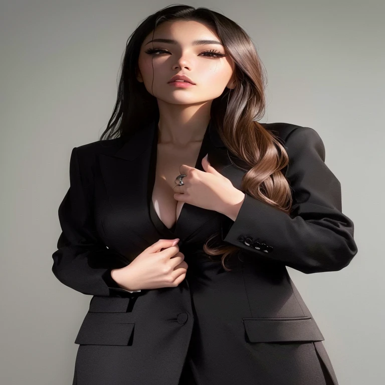 arafed image of a anime woman in a black suit and a white shirt, cindy avelino, girl in suit, girl in a suit, wearing business suit, wearing black business suit, wearing black suit, wearing a business suit, woman in black business suit, wearing a black suit, wearing suit, in a black suit, wearing a fancy black jacket, blanca alvarez