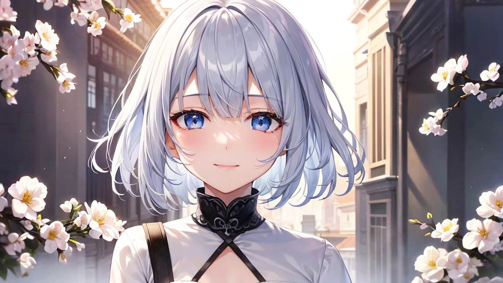 Ultra HD,Look at the viewers, Put your hands behind your back, With a girl, 20-year-old, 非常にShort Hair, Long bangs between the eyes, Pale blue eyes,  Very detailed,(masterpiece、Highest quality),Gray Hair、Laughter、Fantastic, Silver Hair, Iris,  Short hair、 Fluttering Hair、Small Face、明るいsmile、(Detailed face) ,Professional Lighting,Wonderful landscape,blue sky, sunlight,Looking down from above,Portraiture、Open your mouth、Flower Field、Her eyes were shining、Mysterious and enchanting atmosphere。With AI Painting、とてもShort Hair, Long bangs between the eyes, Very detailed,(masterpiece、Highest quality)、alone、Gray Hair、Fantasy, Silver Hair, Fantasyな風景、White shirt、smile、Open your mouth、short hair、Short Hair、hairpin、black eye、Grey Eyes、Beautiful Eyes、