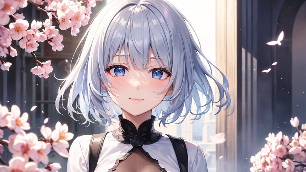 Ultra HD,Look at the viewers, Put your hands behind your back, With a girl, 20-year-old, 非常にShort Hair, Long bangs between the eyes, Pale blue eyes,  Very detailed,(masterpiece、Highest quality),Gray Hair、Laughter、Fantastic, Silver Hair, Iris,  Short hair、 Fluttering Hair、Small Face、明るいsmile、(Detailed face) ,Professional Lighting,Wonderful landscape,blue sky, sunlight,Looking down from above,Portraiture、Open your mouth、Flower Field、Her eyes were shining、Mysterious and enchanting atmosphere。With AI Painting、とてもShort Hair, Long bangs between the eyes, Very detailed,(masterpiece、Highest quality)、alone、Gray Hair、Fantasy, Silver Hair, Fantasyな風景、White shirt、smile、Open your mouth、short hair、Short Hair、hairpin、black eye、Grey Eyes、Beautiful Eyes、