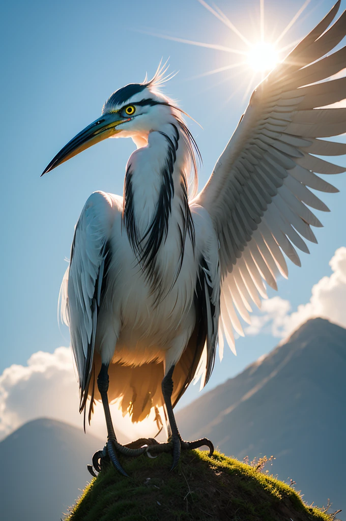 Create a symbol of an angry heron on top of a hill with a shining sun behind it all 