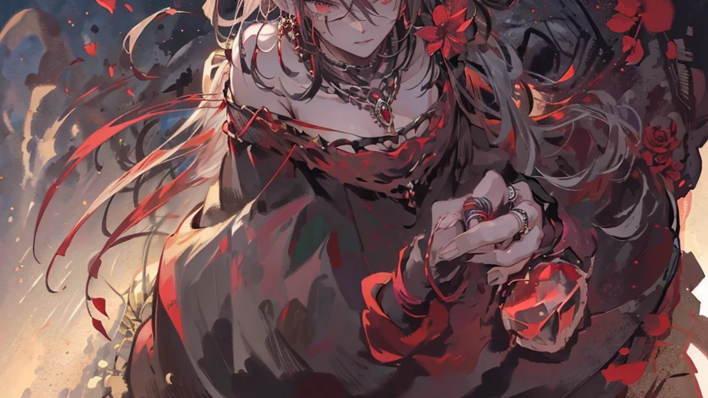 ((A ruined city full of rubble)),(After the war),((Vast landscape full of rubble)),(boy wearing tattered clothes),((漆blackと赤毛)),(Glassy Eyes),((Sit on the ground)),((Glaring at me)),(Open your mouth a little),((Dark red eyes)),((Monochrome World)),((black,gray,red tint)),((Necklace and ring decorated with many deep red gemstones)),((holding a flower in her hand)),(Sharp Eyes),(((Adult male))),(Face close-up),(put the petals in your mouth),