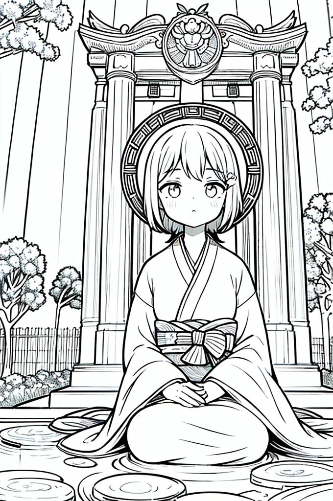 As a coloring book, the color should be black and white, the border should be simple, clear, and bold. A thoughtful Asian girl with a contemplative expression is sitting peacefully in the tranquil [Hiroshima Peace Memorial Park]. She is wearing a serene [kimono with dove pattern], the soft colors reflecting the somber atmosphere of the park. The girl's hands are folded in a gesture of respect, and her hair is adorned with a simple [hair ornament]. The park's iconic Peace Memorial Arch serves as a backdrop, adding a poignant touch to the illustration.