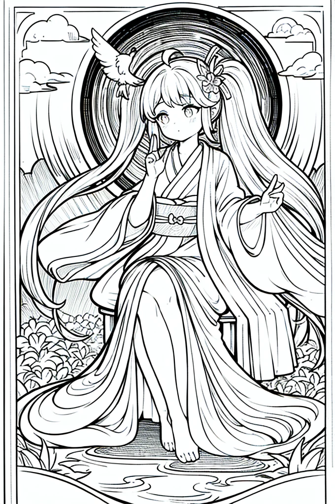 As a coloring book, the color should be black and white, the border should be simple, clear, and bold. A thoughtful Asian girl with a contemplative expression is sitting peacefully in the tranquil [Hiroshima Peace Memorial Park]. She is wearing a serene [kimono with dove pattern], the soft colors reflecting the somber atmosphere of the park. The girl's hands are folded in a gesture of respect, and her hair is adorned with a simple [hair ornament]. The park's iconic Peace Memorial Arch serves as a backdrop, adding a poignant touch to the illustration.