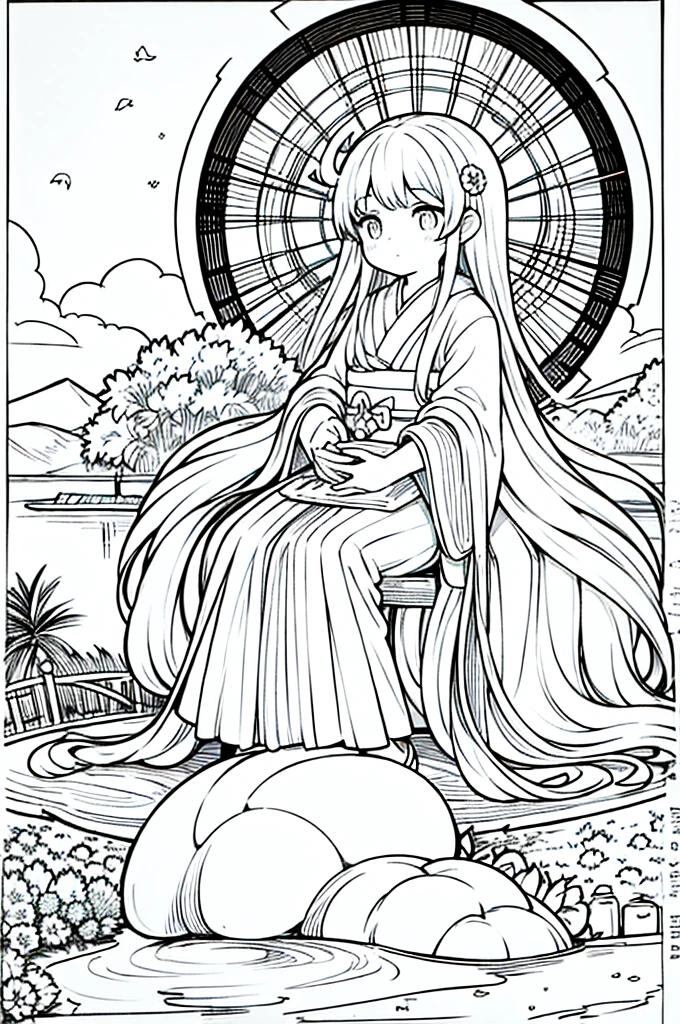As a coloring book, the color should be black and white, the border should be simple, clear, and bold. A thoughtful Asian girl with a contemplative expression is sitting peacefully in the tranquil [Hiroshima Peace Memorial Park]. She is wearing a serene [kimono with dove pattern], the soft colors reflecting the somber atmosphere of the park. The girl's hands are folded in a gesture of respect, and her hair is adorned with a simple [hair ornament]. The park's iconic Peace Memorial Arch serves as a backdrop, adding a poignant touch to the illustration.