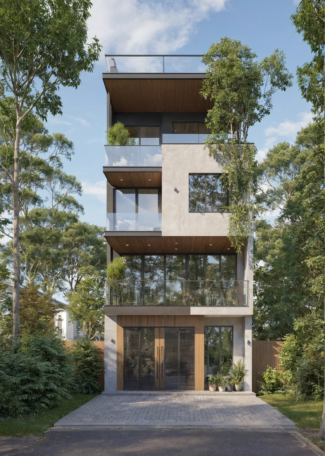 Photo brute,chef-d&#39;artwork, high quality, best quality, authentique, Great detail,
Outside, en plein air, style de maison moderne dans la rue, glass windows, grille, plafond en bois,
route,pavement, des arbres, ciel, nuage, (day light:1.1)